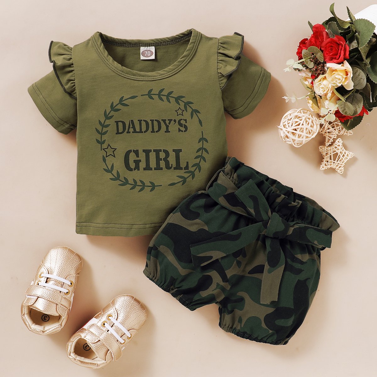 Daddys Girl Ruffle Shoulder Top With Camouflage Shorts Baby Set Main image