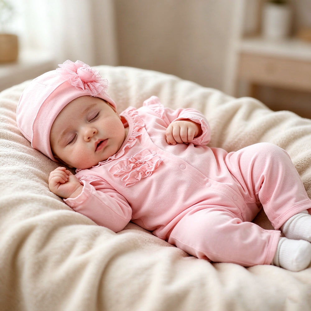 2PCS Lovely Fold Edge Solid Printed Long-sleeve Baby Jumpsuit With Hat Image secondaire du produit