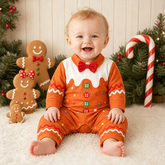 Cute Gingerbread Man Design Bow Decor Long Sleeve Baby Jumpsuit