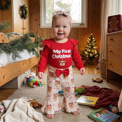 3PCS My First Christmas Letter Print Elk Applique Baby Girl Set