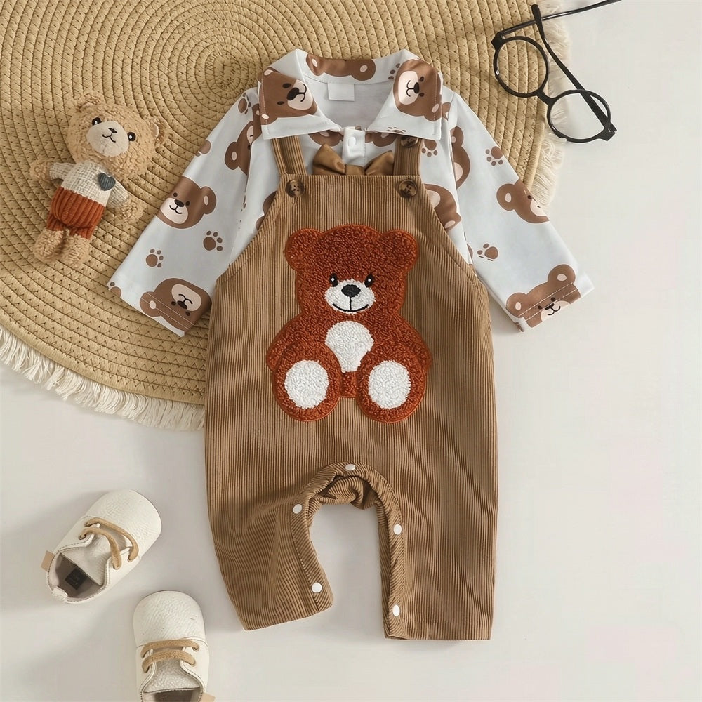 2PCS Adorable Bear Applique Long Sleeve Baby Overalls Set
