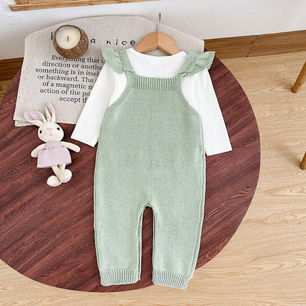 Sweet Floral Faux Two-Piece Long Sleeve Knit Baby Girl Jumpsuit