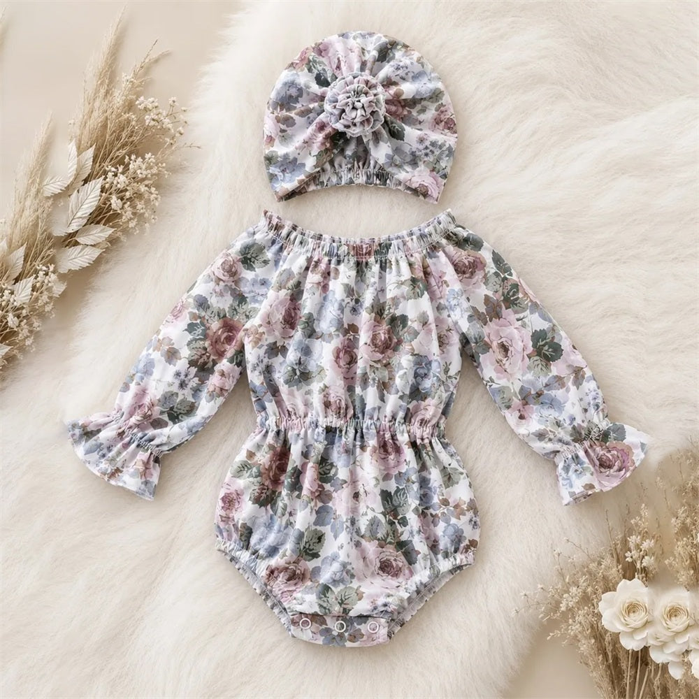 2PCS Winsome Floral Printed Long Sleeve Baby Girl Romper