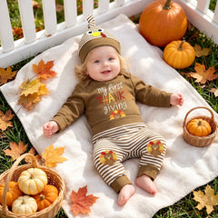 3PCS Lovely My 1st Thanksgiving Letter Turkey Stripe Print Baby Set