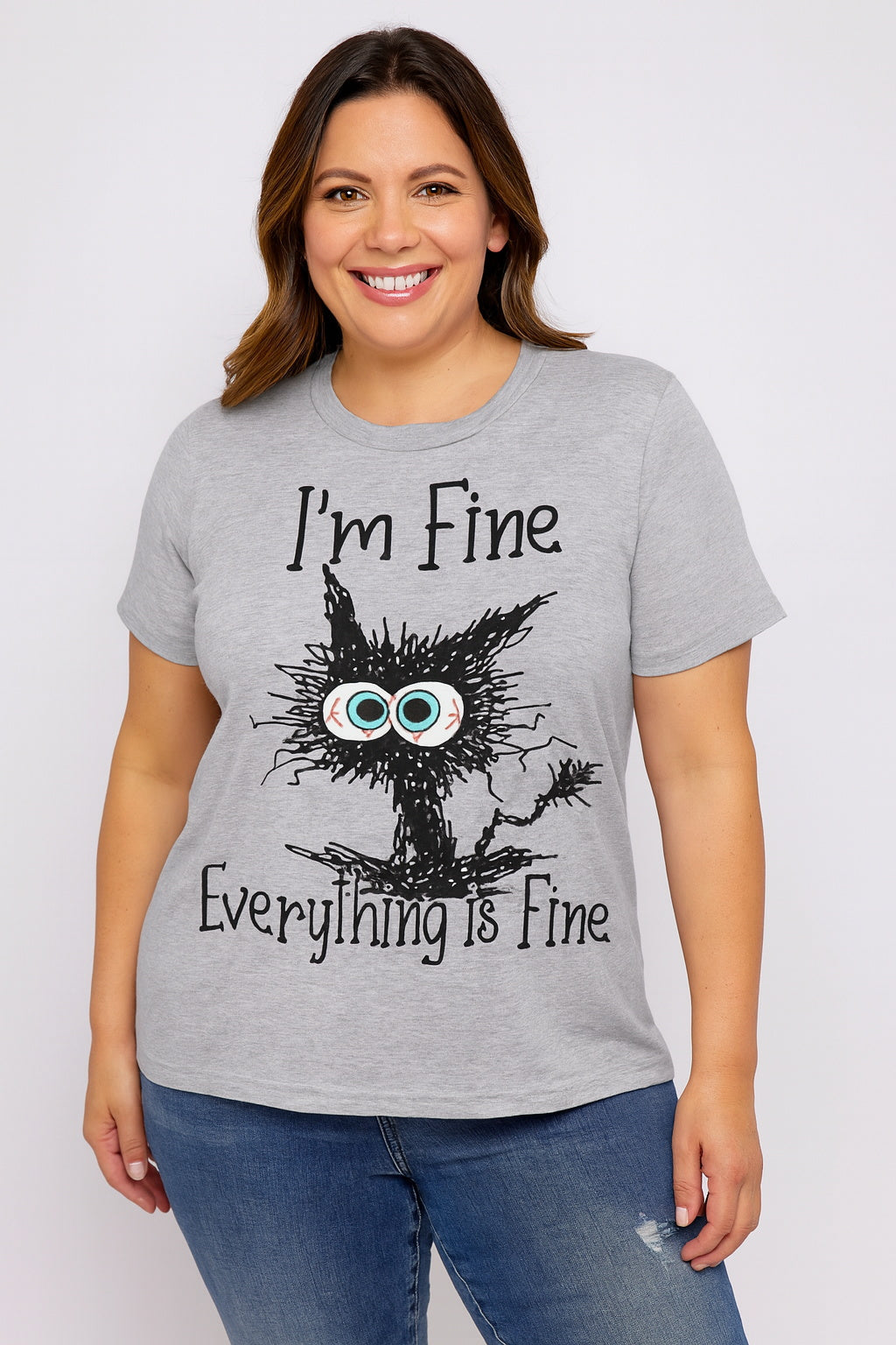 I'm Fine Everything Is Fine Cat Print Women Slogan Plus Size T-shirt