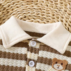 3PCS Stripe Print Bear Applique Long Sleeve Baby Set
