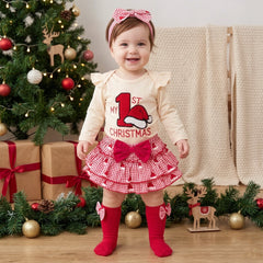 4 PCS My 1st Christmas Letter Santa Hat Plaid Print Baby Girl Set