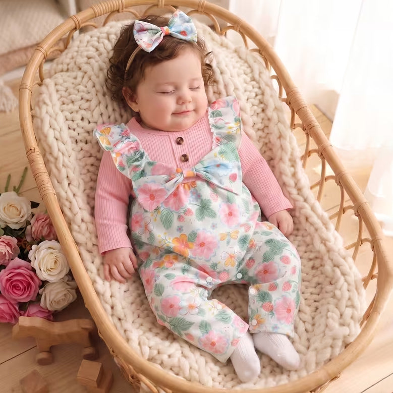 2PCS Whimsical Floral Butterfly Print Ruffle Long Sleeve Baby Girl Jumpsuit