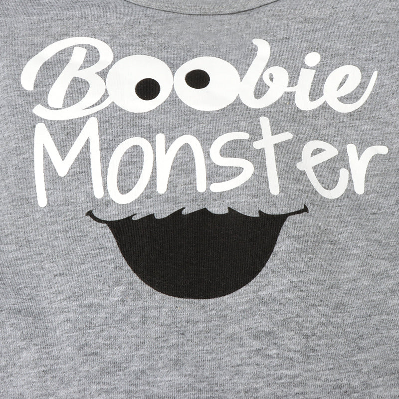 3PCS Boobie Monster Letter Printed Romper With Milk Printed Pants Baby Set