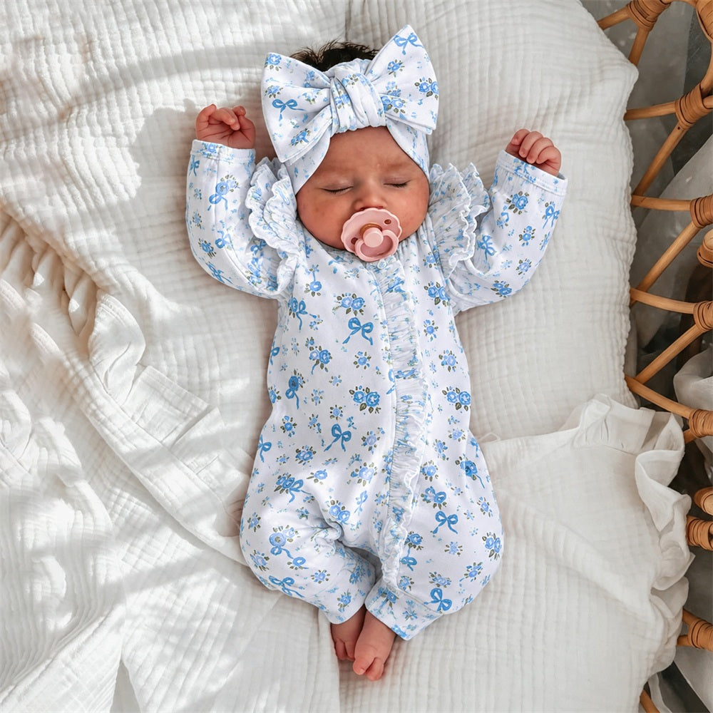 2PCS Sweet Floral Bow Printed Long Sleeve Zipper Baby Jumpsuit