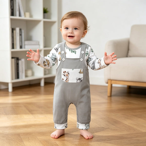 2PCS Cute Animal Printed Long Sleeve Overalls Baby Set