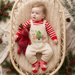 My 1st Christmas Letter Reindeer Stripe Print Faux Layering Baby Jumpsuit