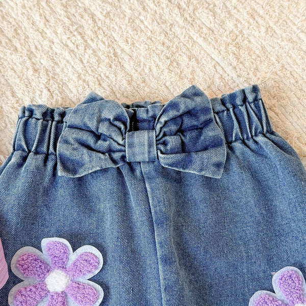 2PCS Pretty Floral Applique Long Sleeve Baby Girl Denim Set