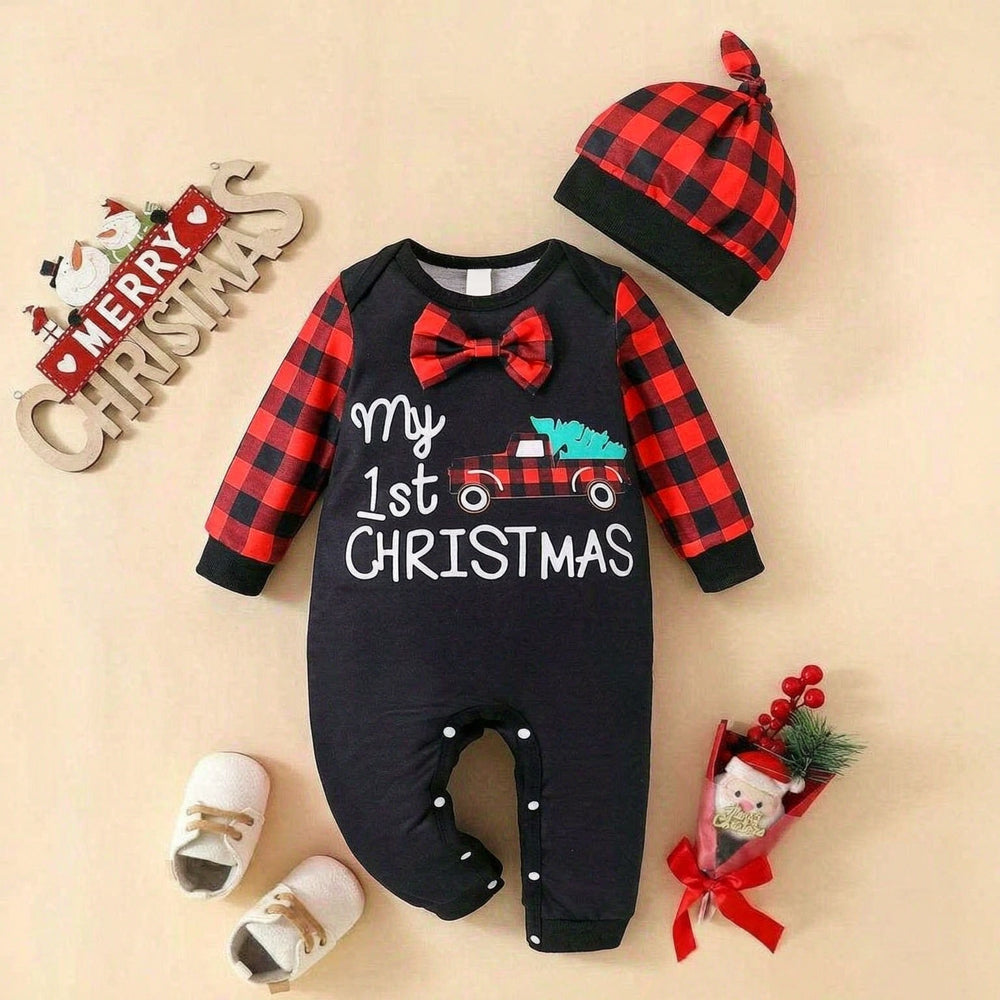 2PCS My 1st Christmas Letter Car Plaid Printed Baby Jumpsuit