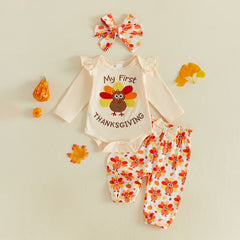 3PCS Cute My First Thanksgiving Letter Turkey Print Long Sleeve Baby Girl Set