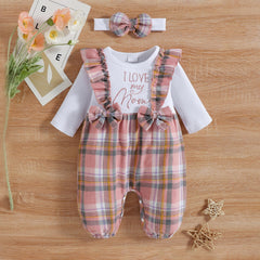 2PCS Pretty Plaid Printed Bow Long Sleeve Baby Jumpsuit