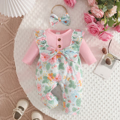 2PCS Whimsical Floral Butterfly Print Ruffle Long Sleeve Baby Girl Jumpsuit