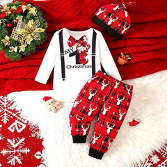 3PCS Stylish My 1st Christmas Letter Reindeer Plaid Print Baby Boy Set