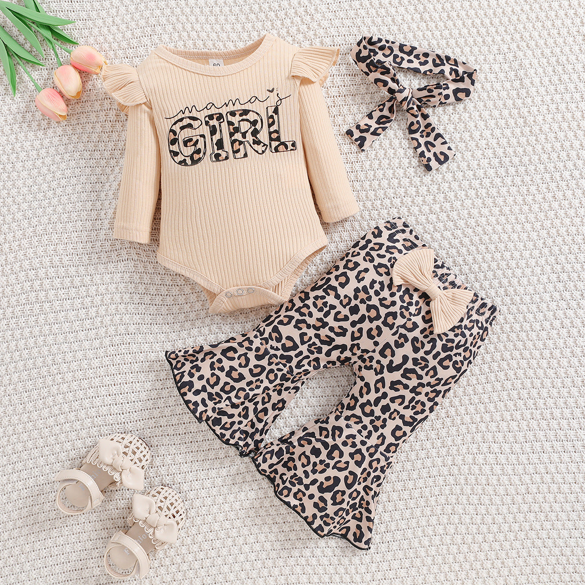 3PCS Mama's Girl Letter Leopard Printed Baby Set Image principale du produit
