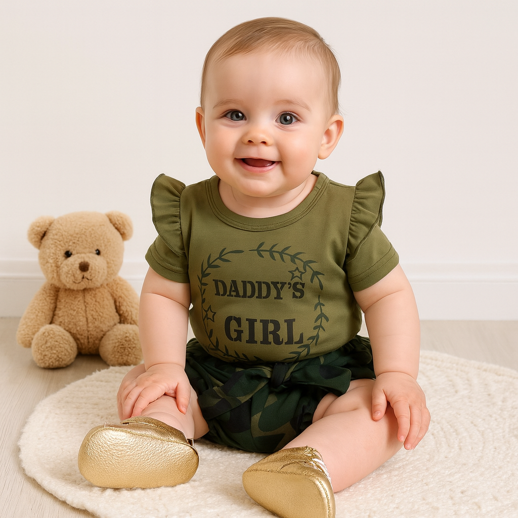 Daddys Girl Ruffle Shoulder Top With Camouflage Shorts Baby Set
