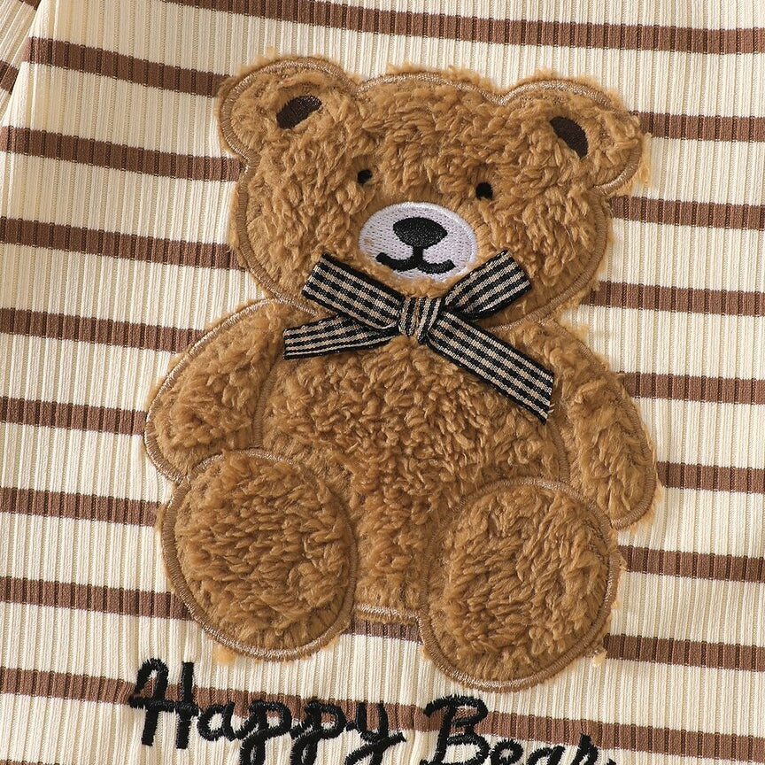 2PCS Cute Bear Applique Stripe Printed Long Sleeve Baby Jumpsuit