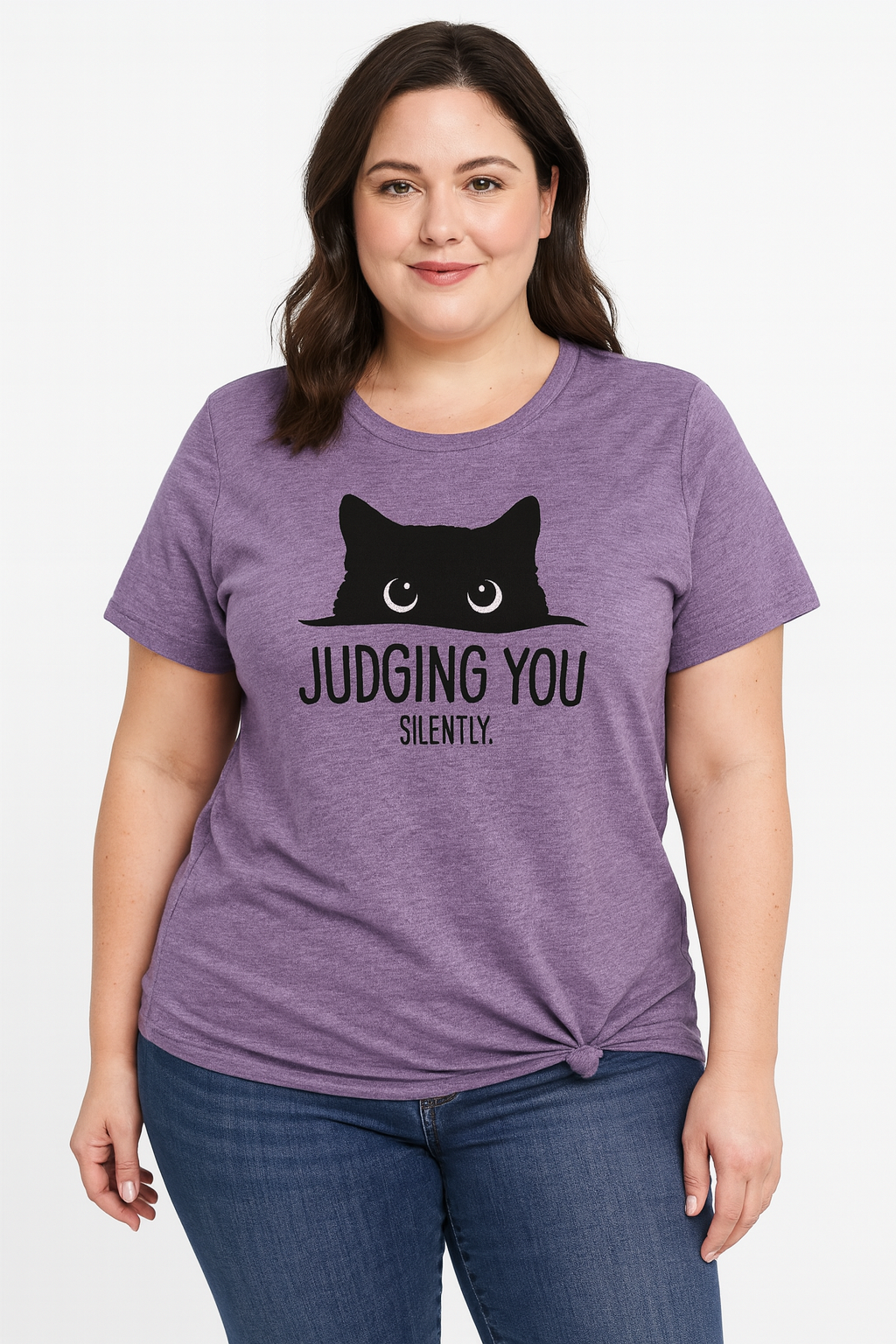 Judging You Slilently Cat Print Women Slogan Plus Size T-shirt