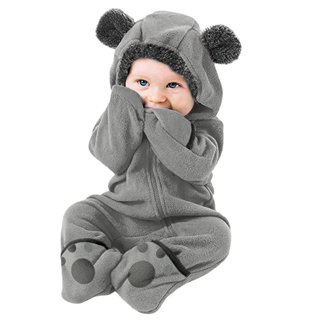 Newborn Baby Boy Girl Solid Color Cartoon 3D Bear Ear Long Sleeve Velvet Hoodie Jumpsuit Secondary image
