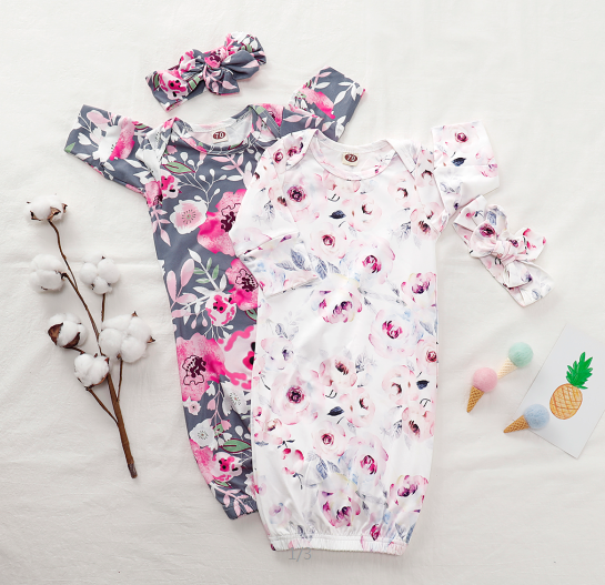 Baby NewBorn Lovely Floral Print Pajamas and Headband Imagem principal do produto