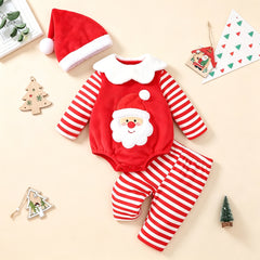 4PCS Lovely Santa Applique Stripe Print Long Sleeve Plush Baby Set