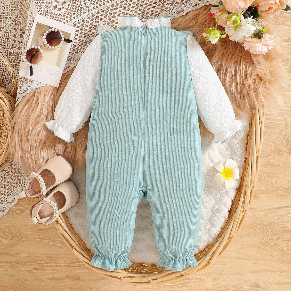 Sweet Color Block Ruffle Long Sleeve Baby Girl Jumpsuit