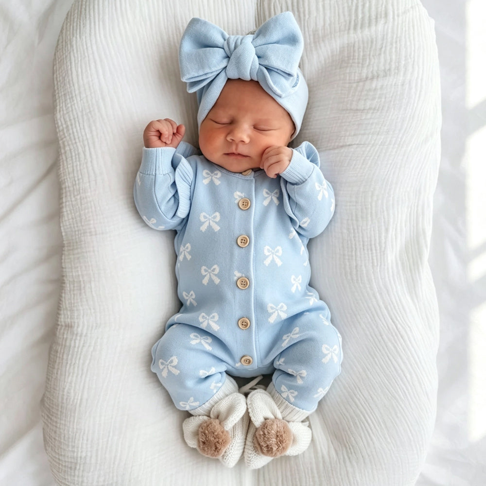 2PCS Grace Bow Printed Knitted Long Sleeve Baby Girl Jumpsuit