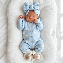 2PCS Grace Bow Printed Knitted Long Sleeve Baby Girl Jumpsuit