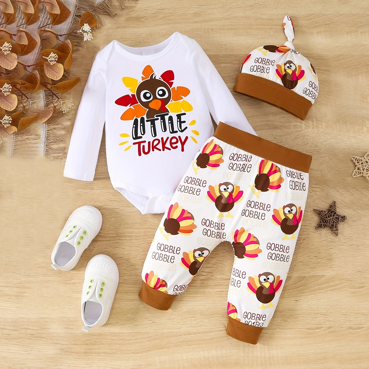 3PCS Thanksgiving Little Turkey Letter Printed Long Sleeve Baby Set