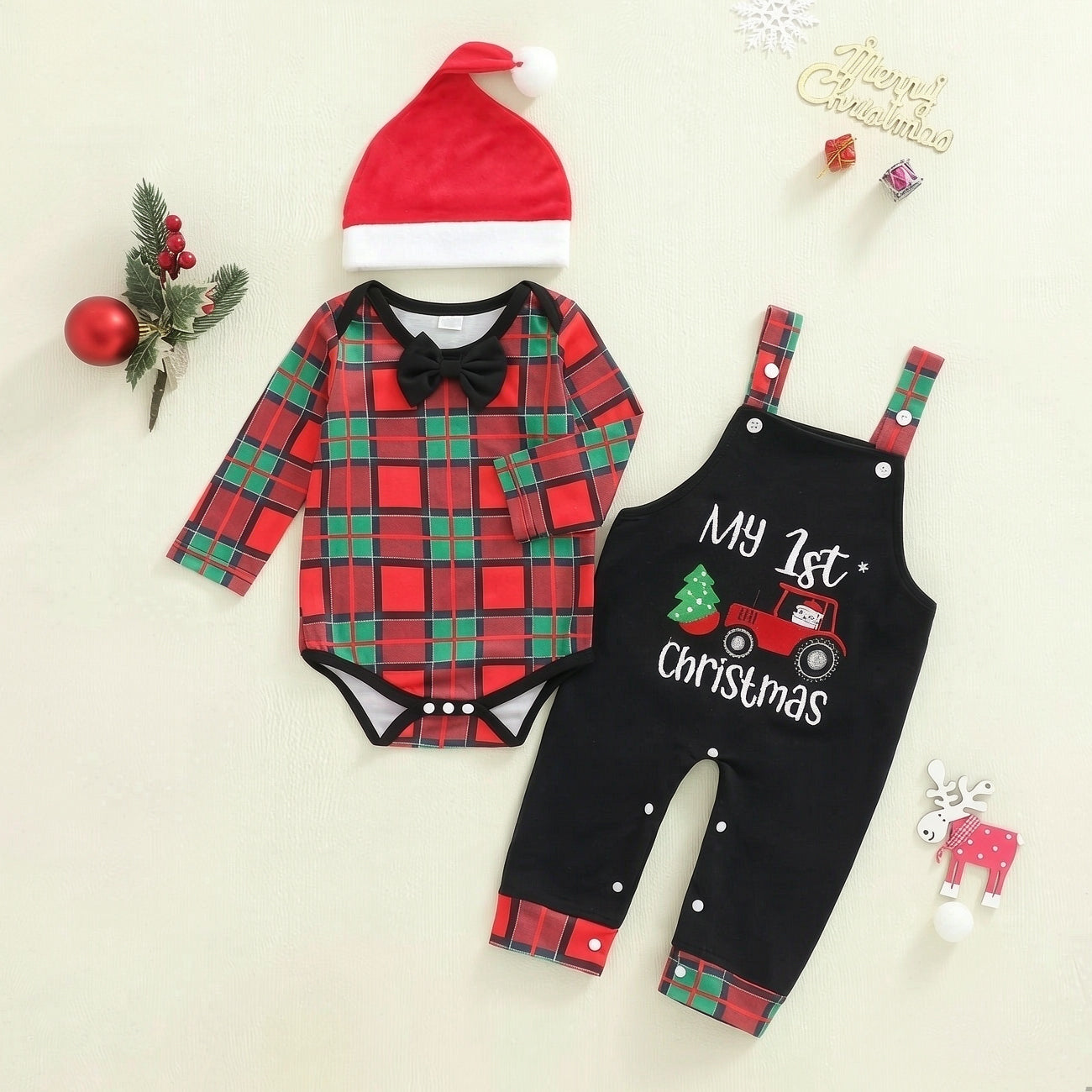 3PCS Letter Embroidered Santa Plaid Print Baby Boy Overalls Set