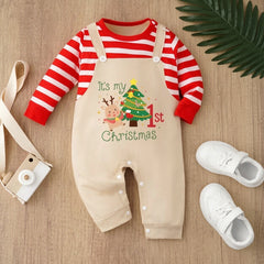 My 1st Christmas Letter Reindeer Stripe Print Faux Layering Baby Jumpsuit