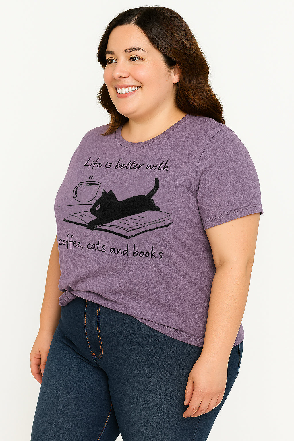 Coffee Cat Book Letter Print Women Slogan Plus Size T Shirt