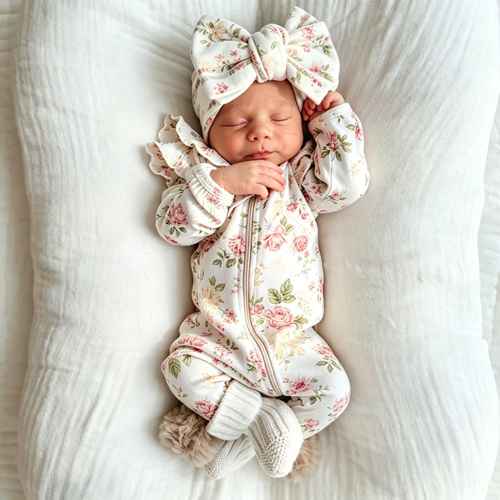 2PCS Casual Floral Print Long Sleeve Zipper Baby Girl Jumpsuit