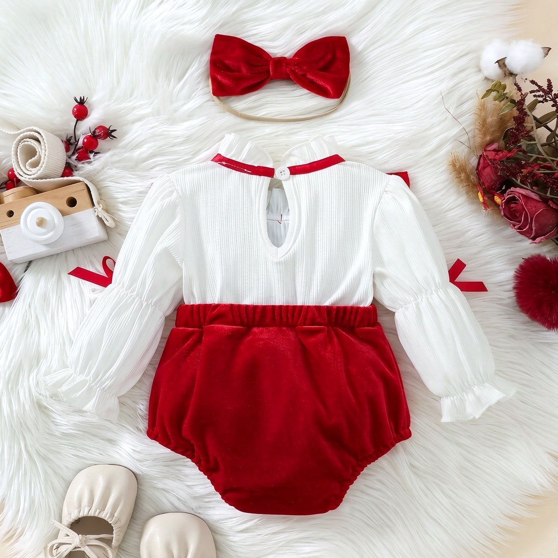 2PCS Christmas Bowknot Decor Long Sleeve Baby Velvet Romper