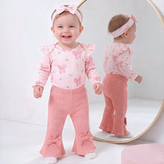 3PCS Delightful Bow Floral Print Long Sleeve Baby Girl Set