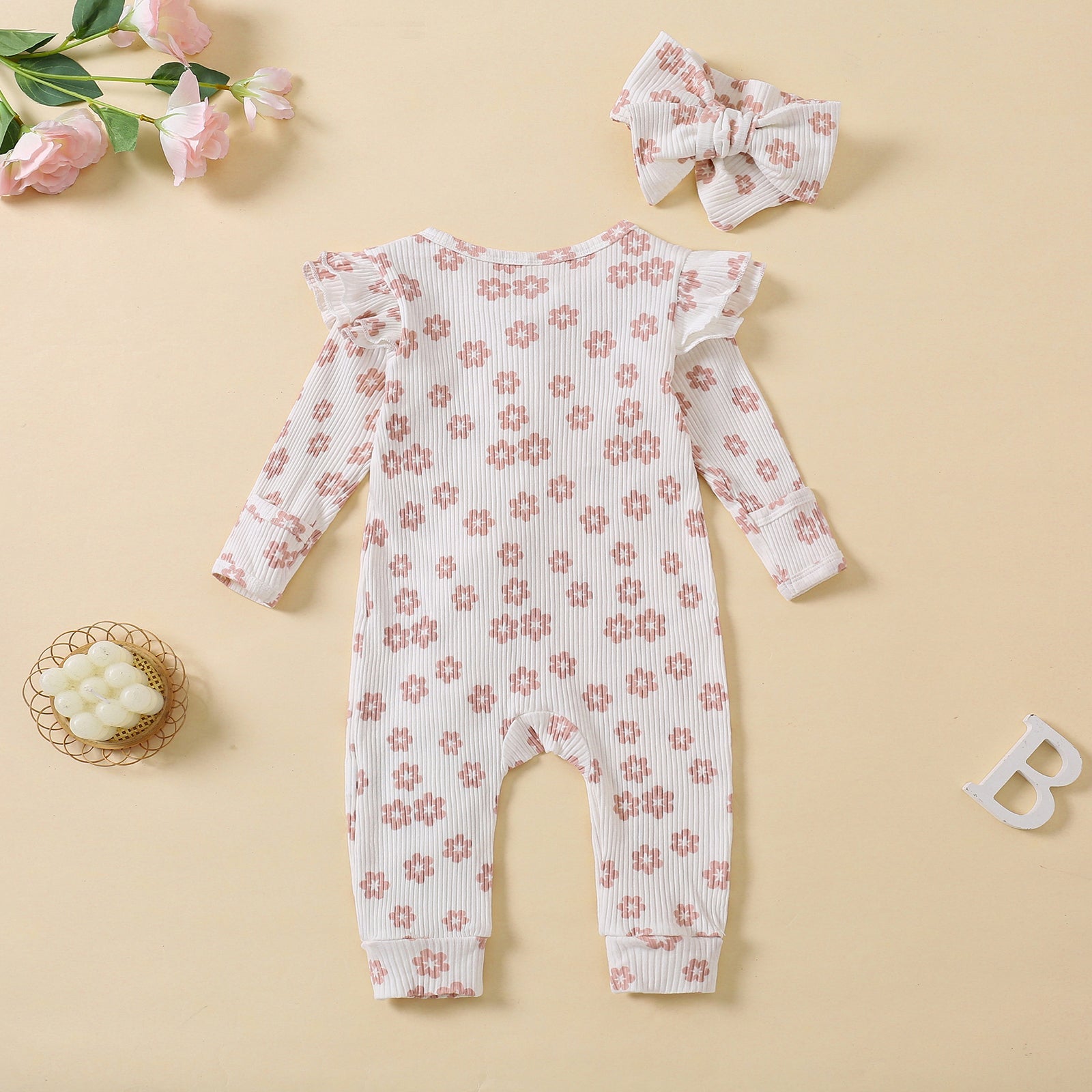 2PCS Pretty Floral Printed Ruffle Decor Long Sleeve Baby Jumpsuit Secondary image