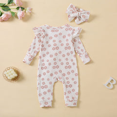 2PCS Pretty Floral Printed Ruffle Decor Long Sleeve Baby Jumpsuit