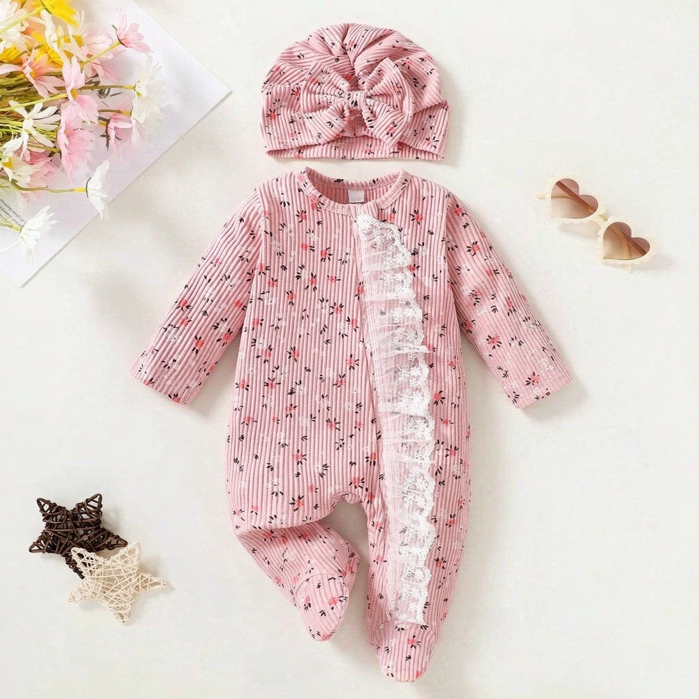 2PCS Charming Ditsy Floral Print Lace Long Sleeve Baby Zipper Jumpsuit