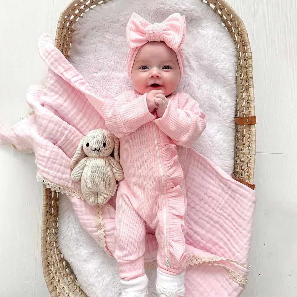 2PCS Solid Color Long Sleeve Ruffle Zipper Baby Jumpsuit Main image