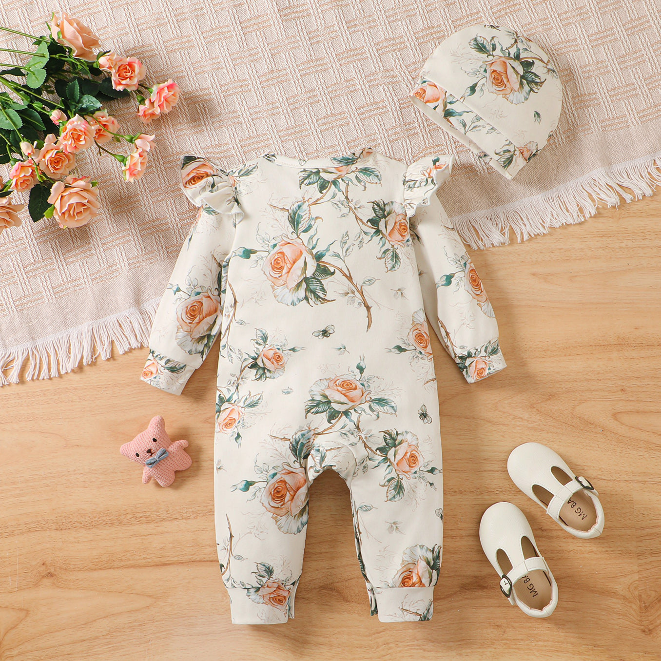2PCS Vintage Floral Print Long Sleeve Baby Girl Jumpsuit Imagem secundária do produto