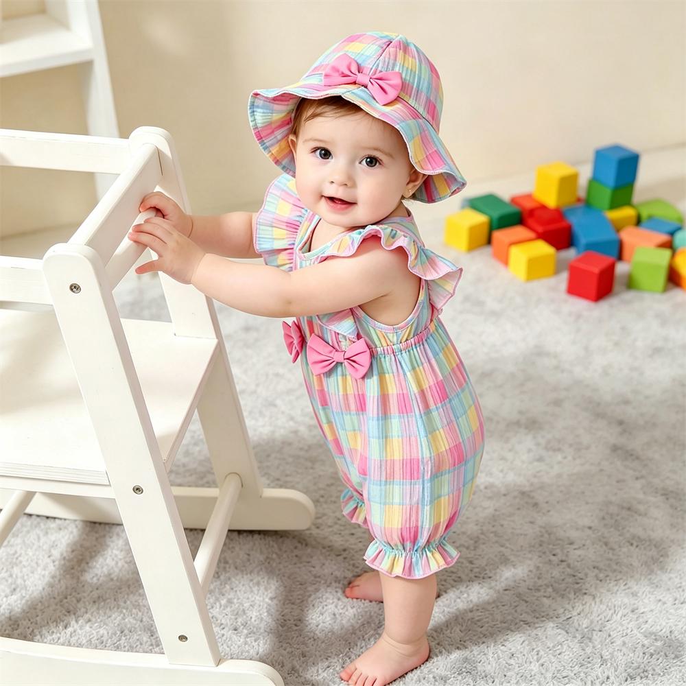 2PCS Pretty Plaid Printed Sleeveless Baby Jumpsuit Secondary image