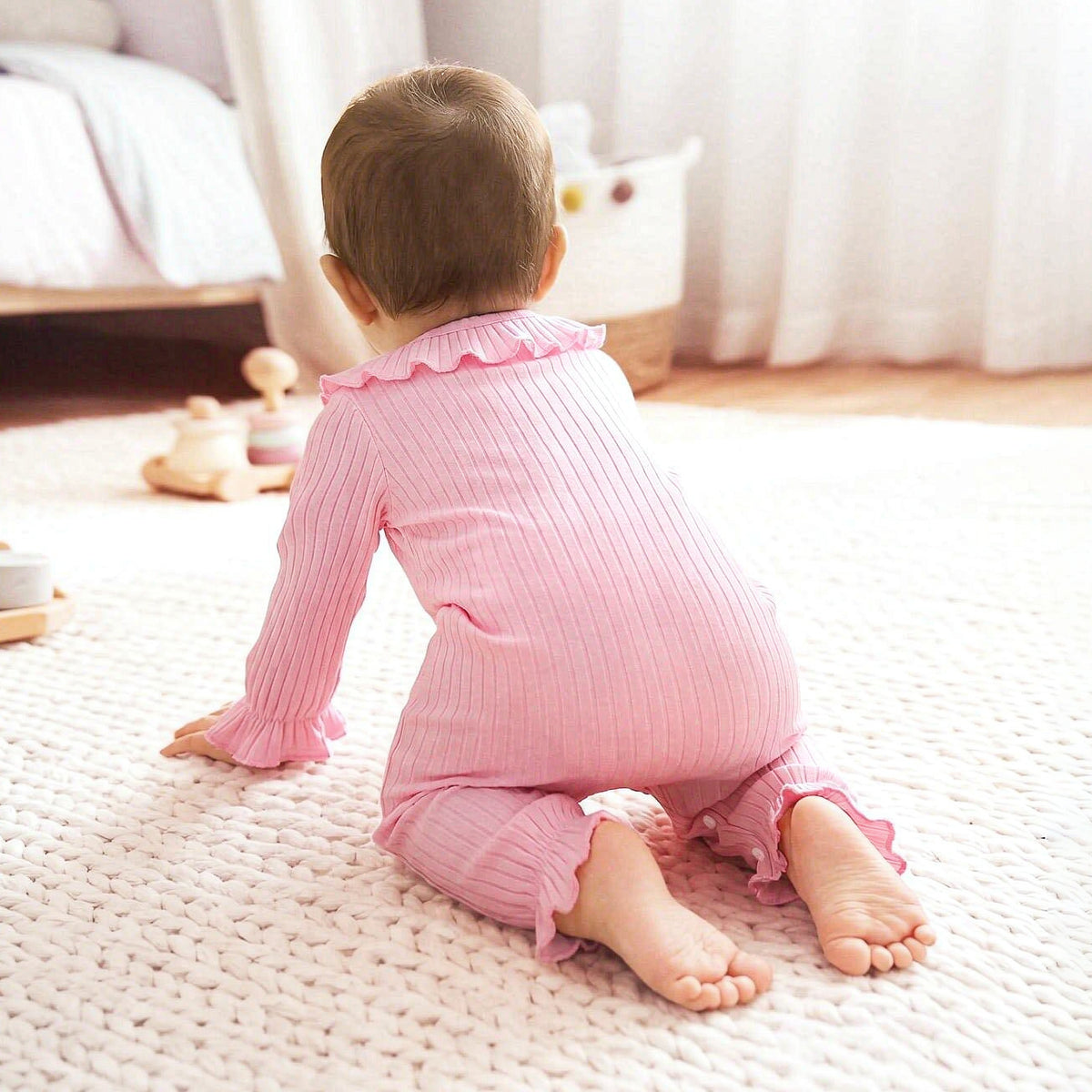 Cozy Solid Color Long Sleeve Ruffle Baby Girl Jumpsuit