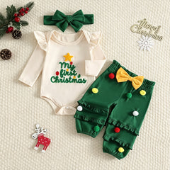 3PCS Sweet My First Christmas Letter Applique Pompon Trim Baby Girl Set