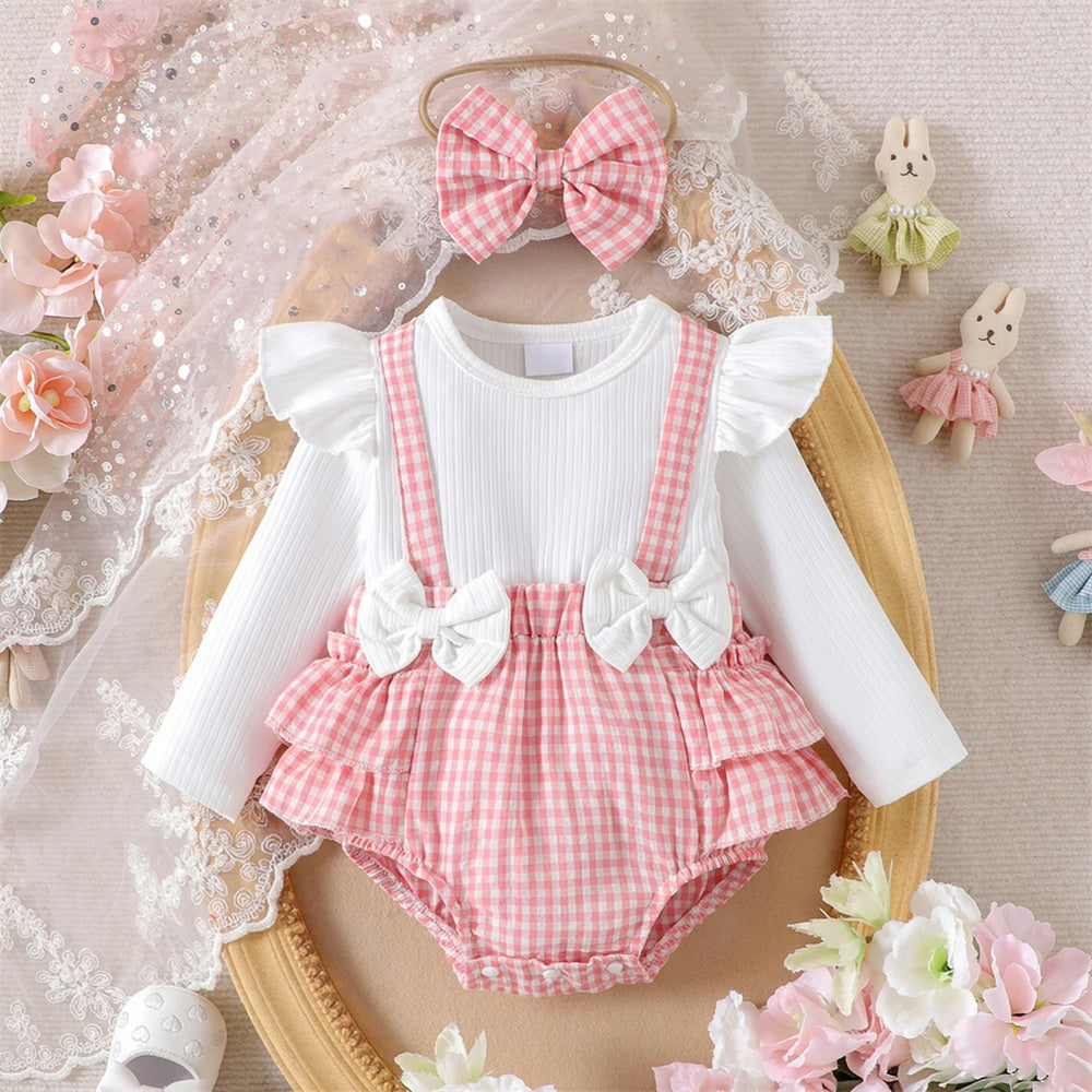 2PCS Bubbly Plaid Printed Long Sleeve Baby Romper Main image