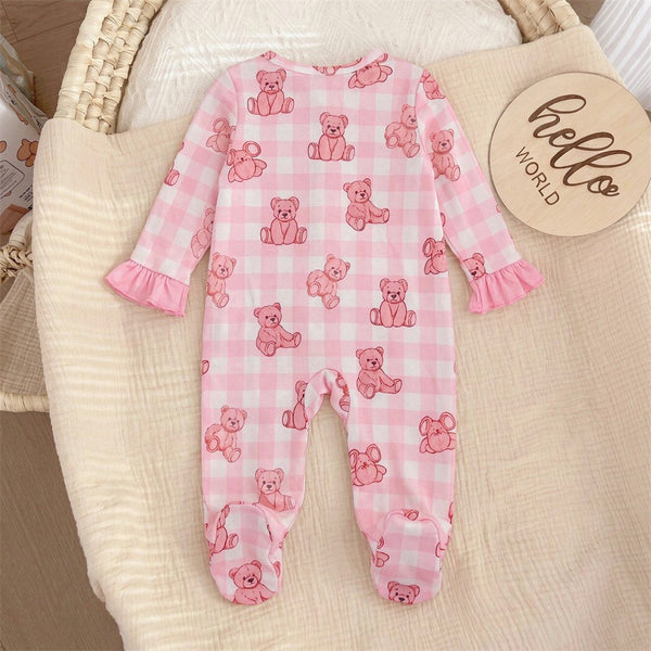 2PCS Lovely Bear Plaid Print Ruffle Zipper Baby Jumpsuit
