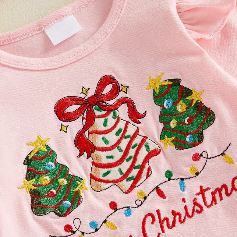 3PCS Merry Christmas Letter Tree Bow Print Long Sleeve Baby Girl Set
